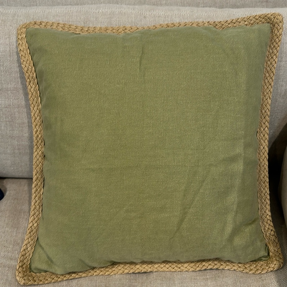 Sage Green and raffia Pottery Barn throw pillow plus insert